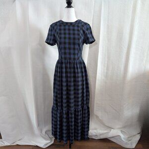 Blue & Black Check Maxi Dress Short Sleeve Pockets Size XS Cottagecore Prairie